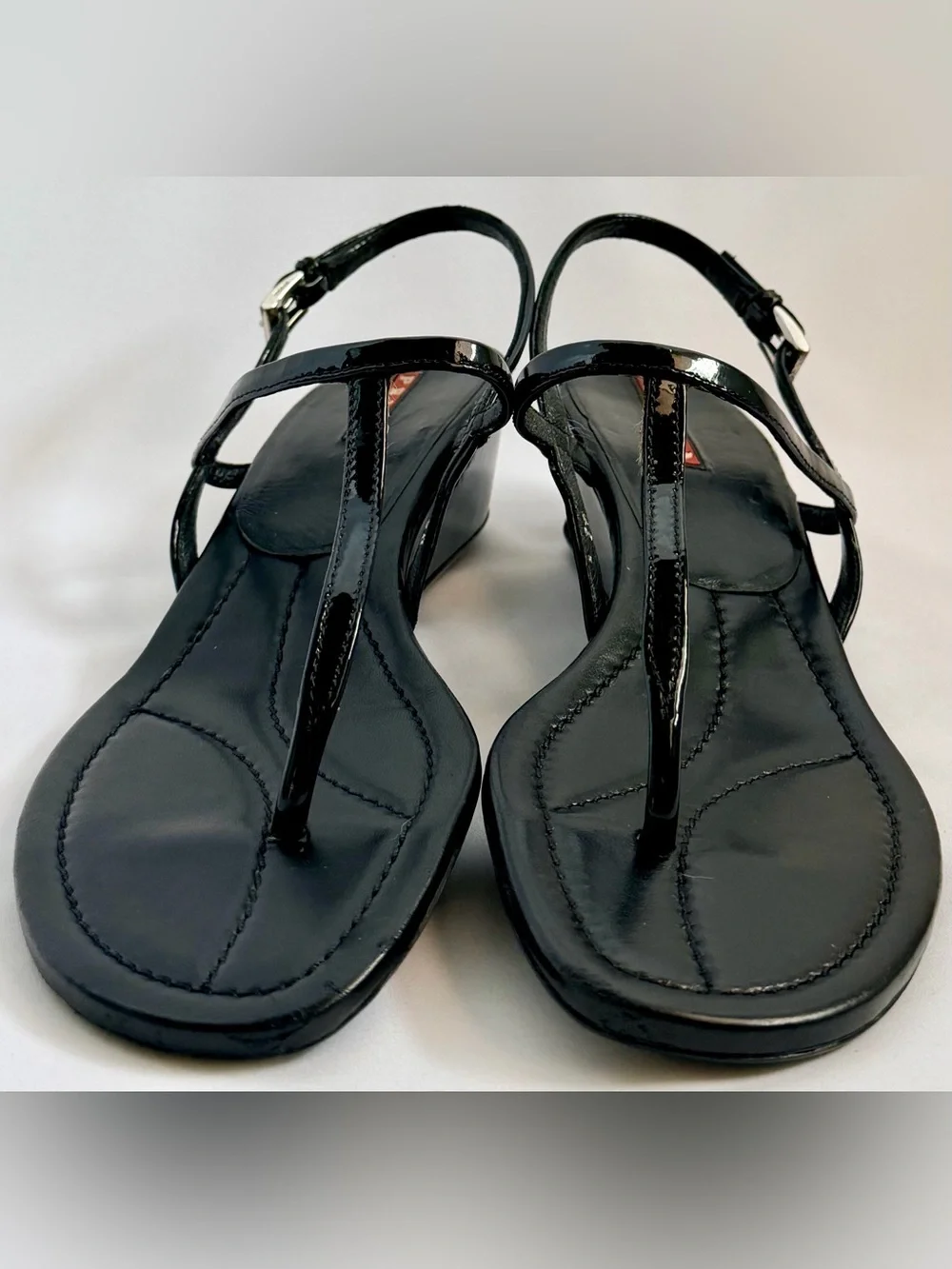 Prada Linea Rossa Vintage Y2K Black Patent Leather T-Strap Wedge Sandals 39 US 8